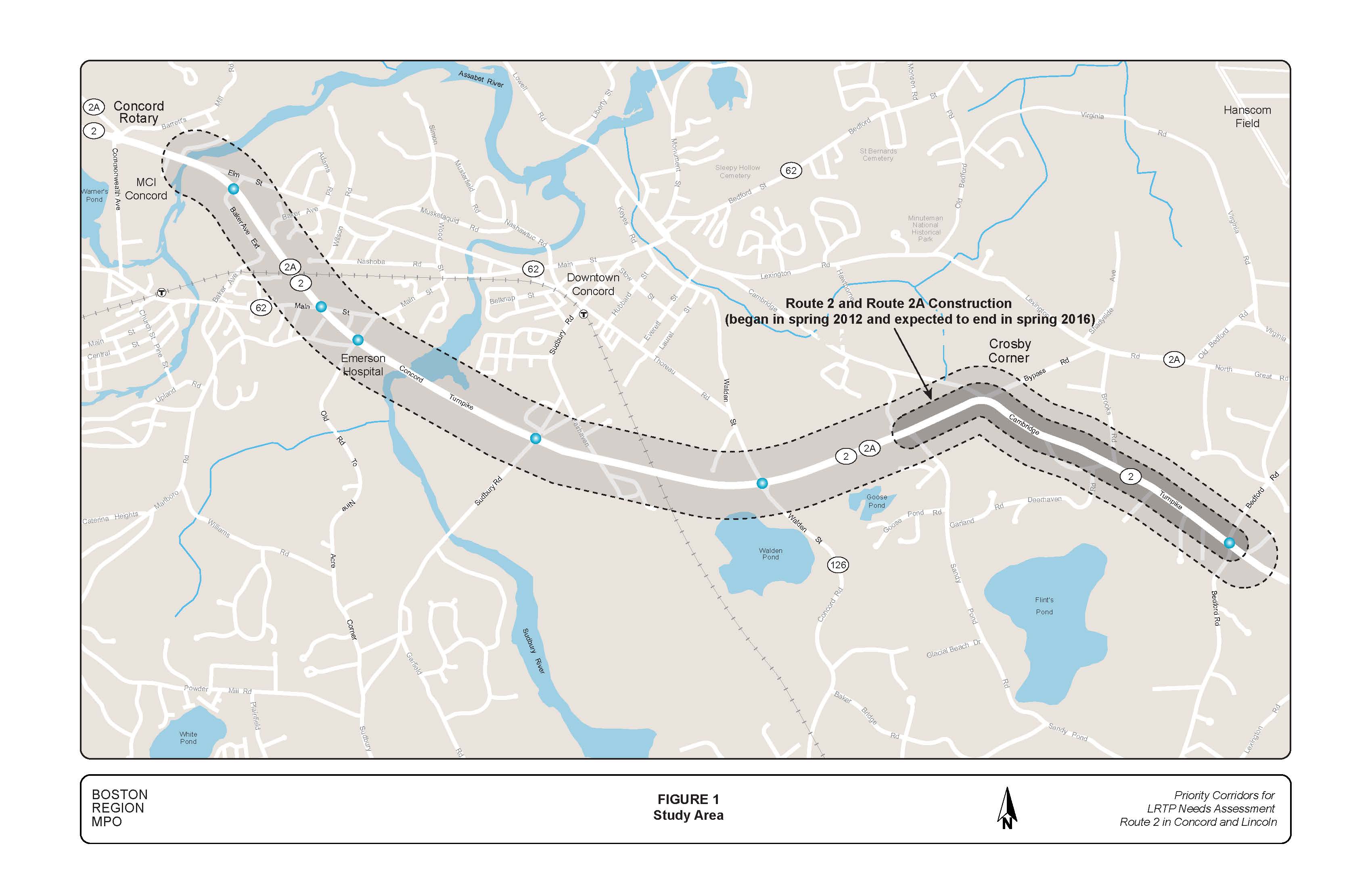 FIGURE 1 is a map that depicts the study 5.5-mile study area comprised of Route 2 from the Baker Avenue Extension in Concord to Bedford Road in Lincoln.